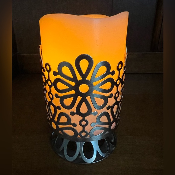 The Unbranded Brand Other - Floral silver color metal footed candle holder with battery operated candle.